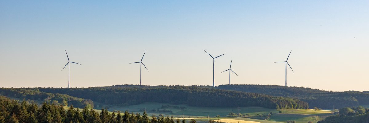 wind turbines in green field against blue sky in summer in Germany. alternative sustainable energy for climate change